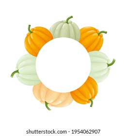 Cute round frame template with colorful pumpkins and copy space. White background. Flat style illustration.