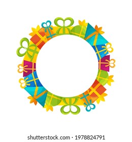 Cute round frame template with colorful present boxes with ribbons and bows. White background. Flat style illustration.