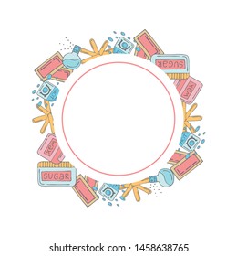 Cute round frame template with depilation supplies and copy space. White background. Doodle style illustration. Vector.