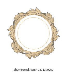 Cute round frame template with feathers and copy space. White background. Hand drawn style illustration. Vector.