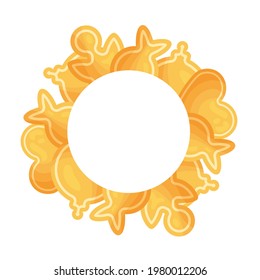 Cute round frame template with gingerbread cookies. White background. Flat style illustration.