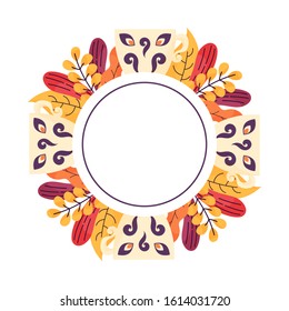 Cute round frame template with mugs, autumn leaves and copy space. White background. Flat style illustration. Vector.
