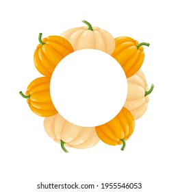 Cute round frame template with orange pumpkins and copy space. White background. Flat style illustration.
