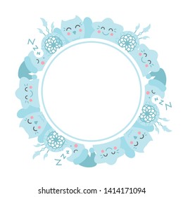 Cute round frame template with owl, star, dreamcatcher, moon and copy space. Pastel colours. White background. Doodle style illustration. Vector.