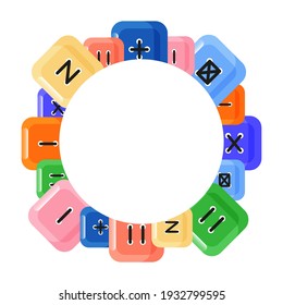 Cute round frame template with square colorful buttons of different shapes with stitches and copy space. White background. Flat style illustration.