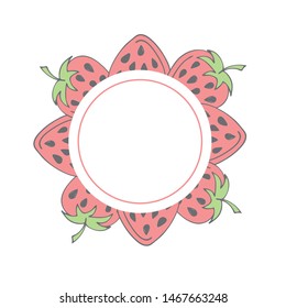 Cute round frame template with strawberries and copy space. White background. Hand drawn style illustration. Vector.