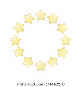 Cute round frame template with yellow stars and copy space. White background. Cartoon style illustration. Vector.