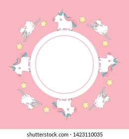 Cute round frame template with yellow stars, unicorns, jumping sheep and copy space. Pink background. Cartoon style illustration. Vector.