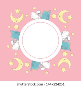 Cute round frame template with yellow stars, sheep reading a book, smiling moon and copy space. Pink background. Cartoon style illustration. Vector.