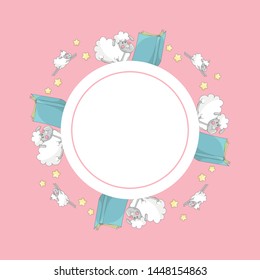 Cute round frame template with yellow stars, jumping and reading a book sheep and copy space. Pink background. Cartoon style illustration. Vector.