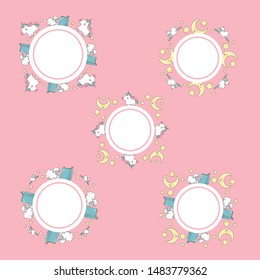 Cute round frame templates set with cartoon characters and elements and copy space. Pink background. Cartoon style illustration. Vector.