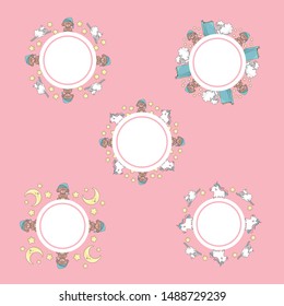 Cute round frame templates set with cartoon characters and elements and copy space. Pink background. Cartoon style illustration. Vector.