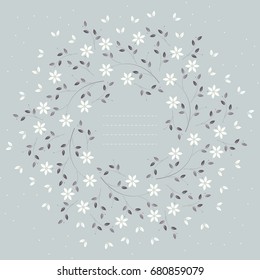 Cute round frame with white flowers can be used for cards, wedding invitations and more creative ideas. Vector image.