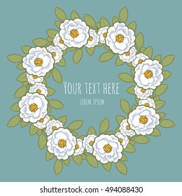Cute round frame with white roses on turquoise background