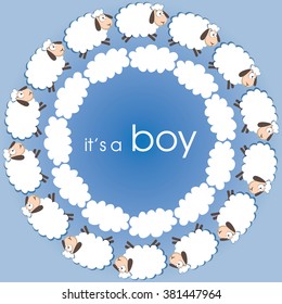 Cute round frame. White sheep and clouds on the sky. Vector illustration. Baby boy arrival card. Baby shower.