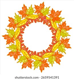 Cute round frame, wreath with bright oak, maple autumn leaves. Hand drawn frame in cartoon doodle style. Vector illustration of falling leaves. Perfect for greeting cards, posters, banners and decor.