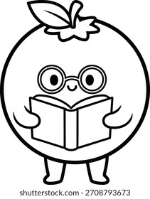 Linda fruta redonda (tomate o baya) mascota ilustración de dibujos animados en línea estilo de arte. El inteligente personaje lleva gafas y lee un libro, simbolizando la inteligencia, la salud y el aprendizaje.