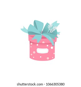Cute round gift box of pink color with polka dot pattern and big lush blue bow with sticker for greeting sign isolated on white background. Vector illustration of cartoon present package.