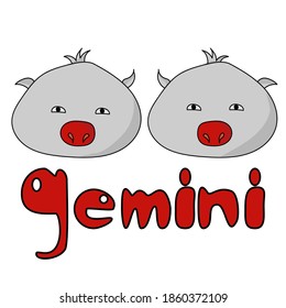 Cute round guys zodiac sign Gemini, two positive characters with the same faces and red noses and an inscription vector illustration