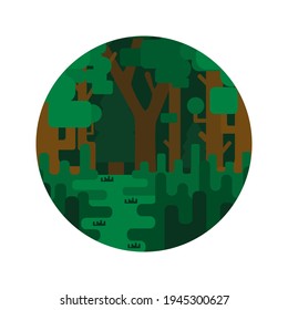 Cute round image of the forest with green trees, grass and a path. Spring or summer time. White background. Flat style illustration.