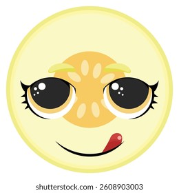 Cute round melon slice with a funny licking expression and big shiny eyes, perfect for kids, summer, food-related designs and stickers