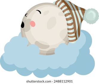 Cute round moon sleeping on cloud