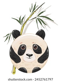 Cute round panda with a bamboo branch. Illustration for the design of children's products. Vector image.