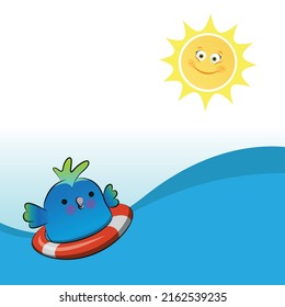 Cute round parrot in a lifebuoy on the sea under the sun. Vector illustration.