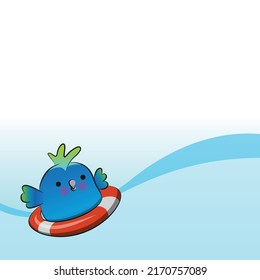 Cute round parrot in a lifebuoy at sea. Vector illustration.