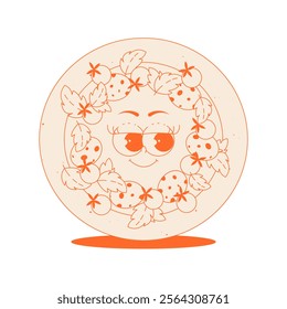 Cute round pizza character with pepperoni, tomatoes, basil in trendy retro groovy style. Psychedelic fast food element with face. Flat vector sticker in monochrome palette 