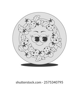 Cute round pizza character with pepperoni, tomatoes, basil in trendy retro groovy style. Psychedelic fast food element with face. Flat vector sticker in black monochrome palette 