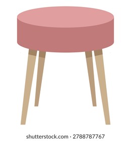 Cute round pouf ottoman stool with pink cushion fabric and four wooden legs in flat vector style