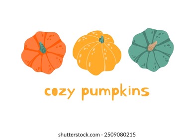 Abóboras redondas bonitas nas cores laranja, amarelo e verde. Design minimalista do conceito acolhedor outono, modelo de banner, cartão postal.
