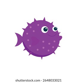 Um bonito, redondo, roxo baiacu com olhos grandes e um sorriso amigável. Tem espinhos e manchas, e suas barbatanas são visíveis contra um fundo branco.