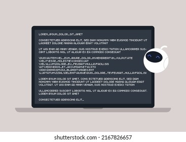 A cute round robot coding on a laptop, a program binary code