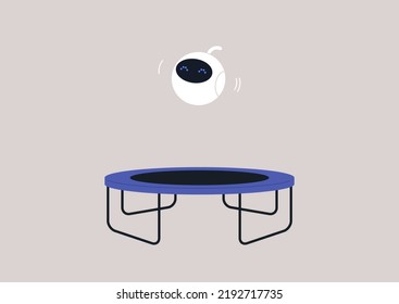 A cute round robot jumping on a trampoline, a persona fitness advisor