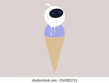 A cute round robot on top of an ice cream cone, food programming, smart technologies