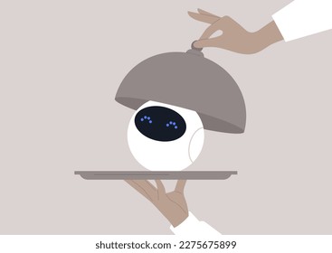 A cute round robot on a tray being revealed from under a cloche by a pair of waiter's hands