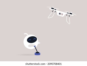 Cute Round Robot Operating A Hovering Drone With A Remote Control Joystick