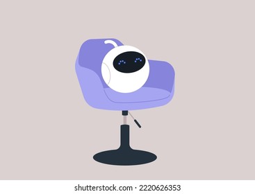 Cute round robot sitting in the armchair, machine learning and technological progress