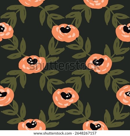 Cute round roses and leaves forming a diamond net geometrical pattern in colors of orange, off white and green on black background. Floral seamless vector pattern.Great for homedecor, fabric,wallpaper