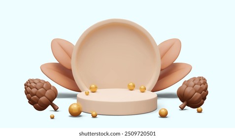 Cena redonda bonito com cones realistas, folhas e bolas de ouro