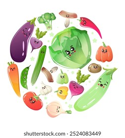 Cute round shape form characters vegetables. Veggies vector colorful elements. Organic food, natural eco products. Square card for banner, poster, menu, social media, web design