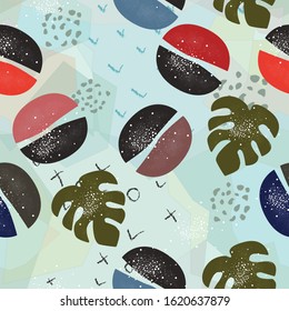 Cute round shapes on blue with exotic leaves. Cute Scandinavian Terracotta Pattern in modern colours. Modern abstract art for prints.  Nordic Design