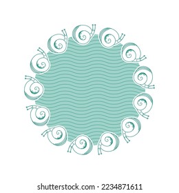 Cute round snails frame. Border with snails in doodle style. Place for your text. Vector illustration.