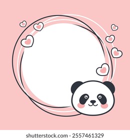 Cute round vector bannerwith copy space. Panda face and pink hearts on a pastel pink background.