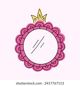 Cute round vector mirror in pink color. Whimsical vintage hand drawn frames, crowns and swirls, decorative border.