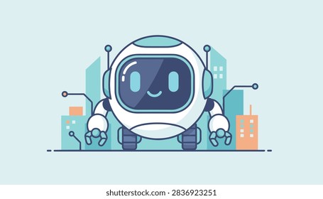 Cute round white robot assistant standing in front of a futuristic cityscape with colorful cartoon buildings and circuit lines.