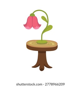 Cute round wooden table with glowing flower lamp in fairy fantasy style isolated on white background.