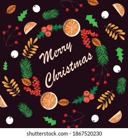 Cute round wreath with Christmas elements. Greeting card.